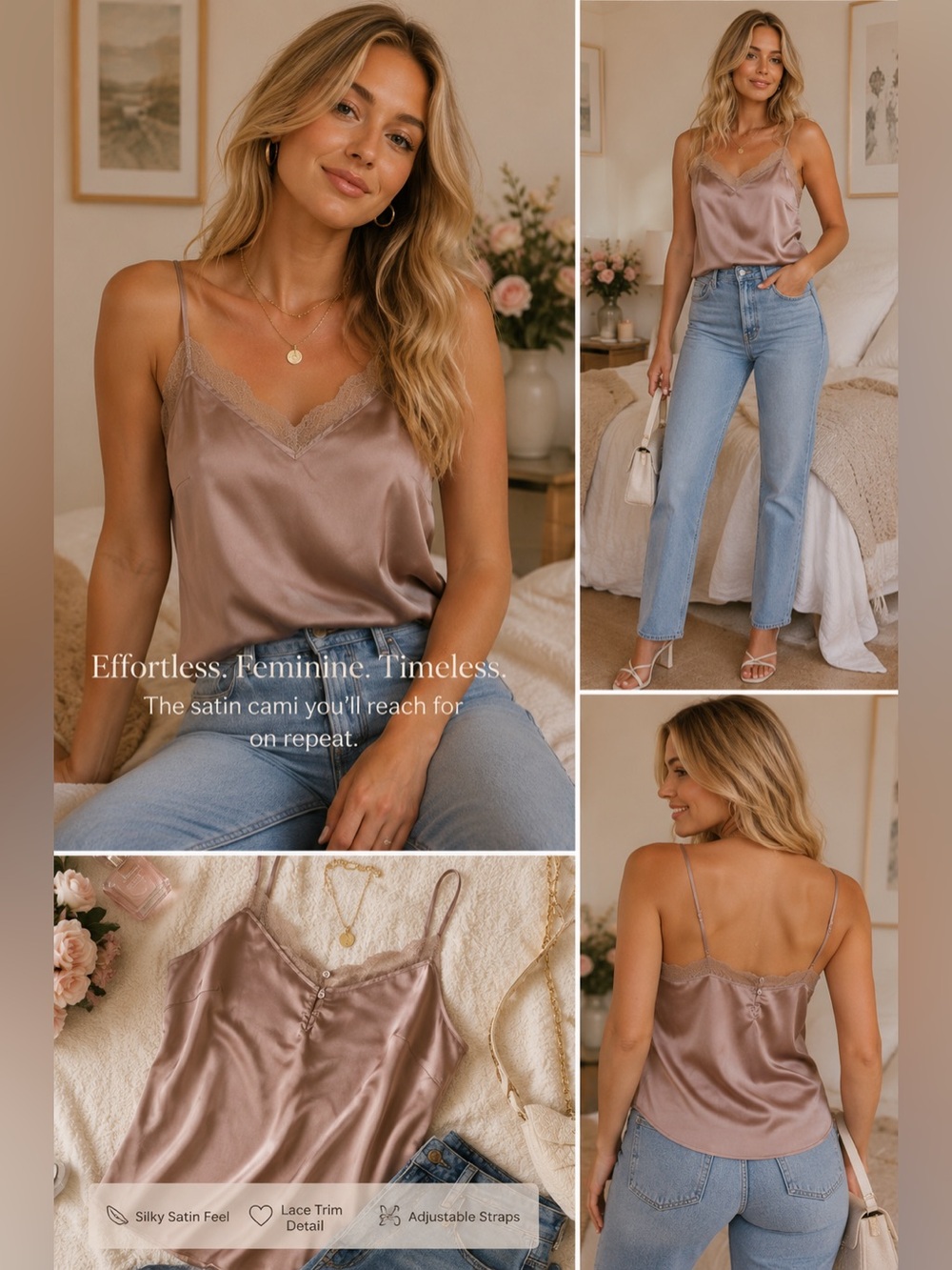 Abercrombie & Fitch Satin Lace Trim Cami Tank Top Women’s Large Taupe Champagne